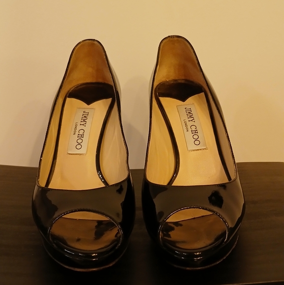 Jimmy Choo Black Patent Leather Peep Toe Platform Pumps - Picture 1 of 6